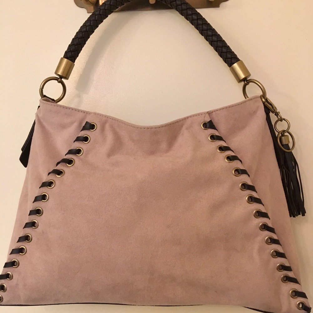 LIKE NEW - 9West Beige Suede Purse w/ Woven Handle
